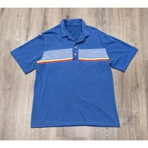 Vintage 70s 80s Polo Shirt Mens Medium Blue Surf Rainbow Stripe Skate Paper Thin